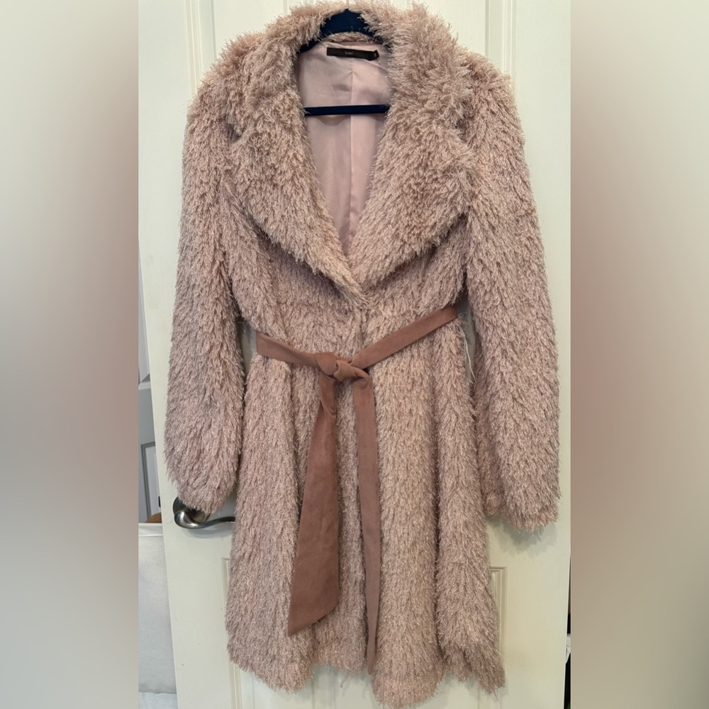 Hazel brand mauve, belted, fuzzy coat size small